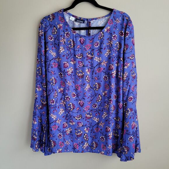 Basic Editions Womens Blouse Size XXL Bluish Purple Floral Pattern Bell Sleeves - Picture 1 of 11
